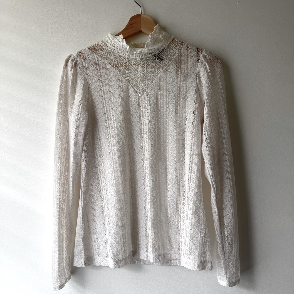 Halogen Lace Knit Mock Neck Top in Ivory Cloud XS